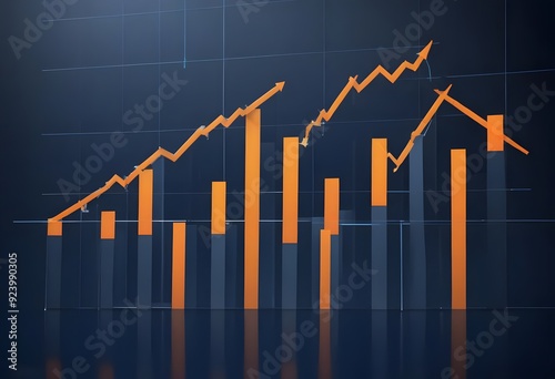 Colorful bar graph with an upward trending arrow on a dark blue background, Stock market representing growth or progress