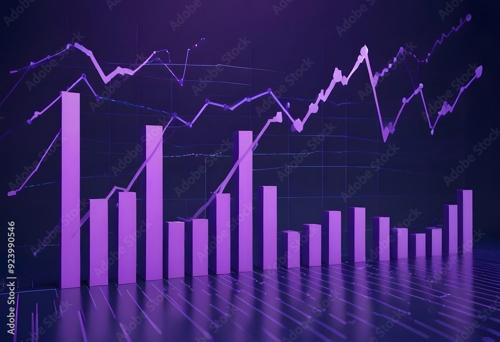 Fototapeta premium Colorful bar graph with an upward trending arrow on a dark blue background, Stock market representing growth or progress