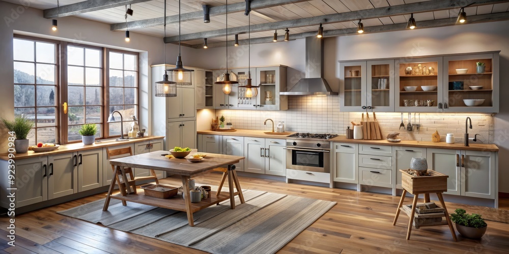 Rustic Kitchen Interior with Farmhouse Style Cabinetry and Exposed Beams, Wide Angle, Wooden Table, Light Wood Floor, Grey Cabinets, Modern Kitchen, farmhouse kitchen Rustic Kitchen Interior with Farmhouse Style Cabinetry and Exposed Beams, Wide Angle, Wooden Table, Light Wood Floor, Grey Cabinets, Modern Kitchen, farmhouse kitchen