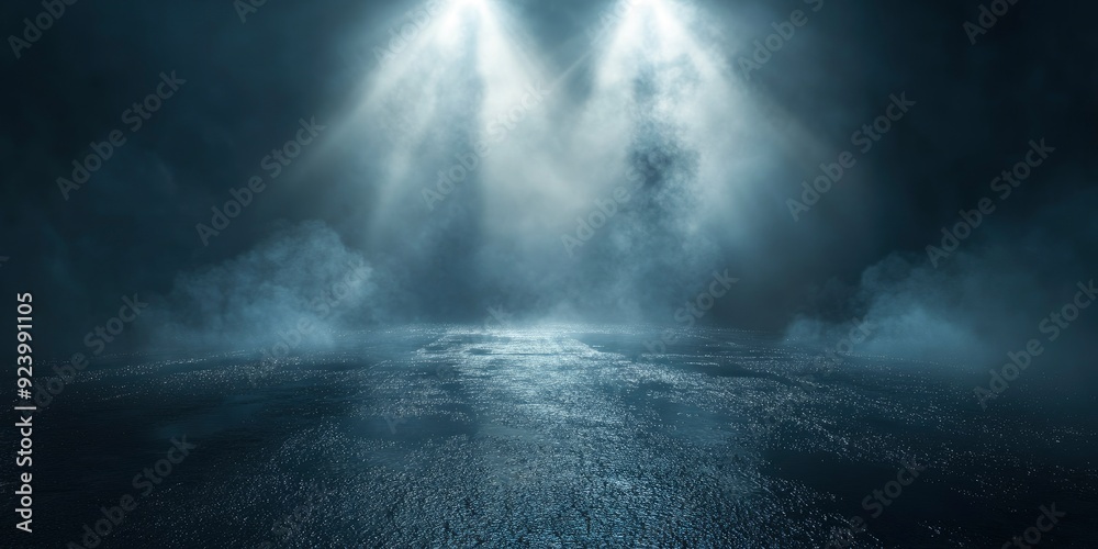Fototapeta premium Rays searchlight light neon . Dark empty scene with smoke. Reflections on wet asphalt , ai