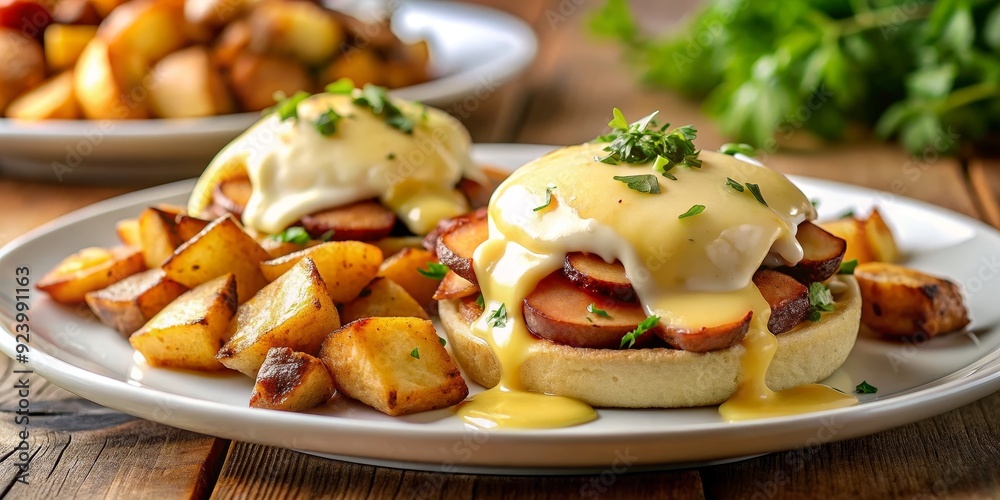 Savory Eggs Benedict with Roasted Potatoes, Close-up, Hollandaise Sauce, Breakfast, Brunch, food, delicious Savory Eggs Benedict with Roasted Potatoes, Close-up, Hollandaise Sauce, Breakfast, Brunch, food, delicious