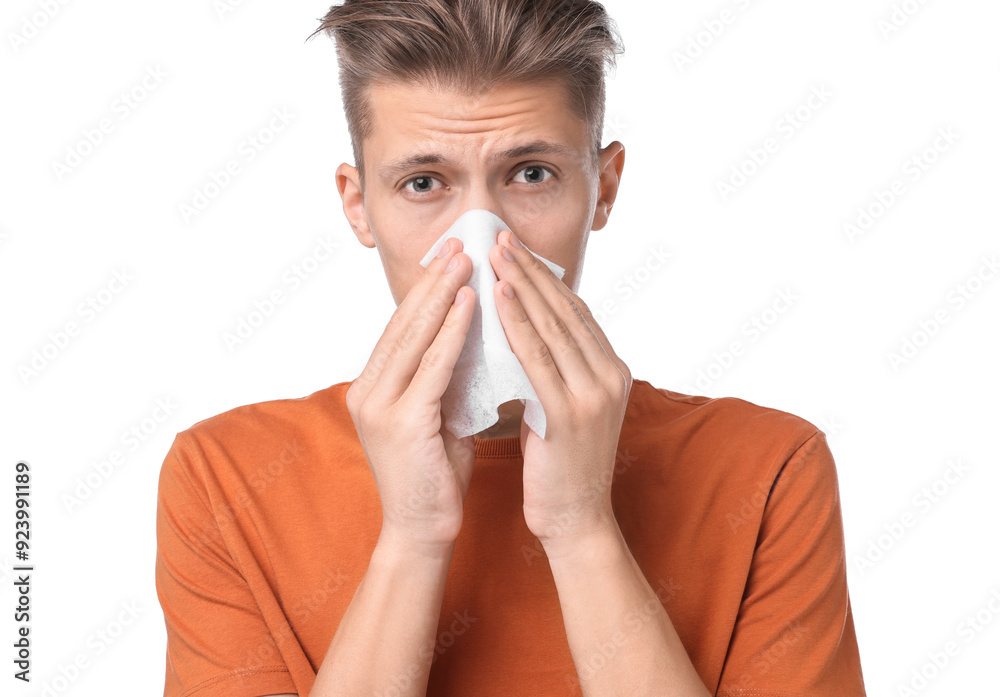 Young man with tissue suffering from sinusitis on white background Young man with tissue suffering from sinusitis on white background