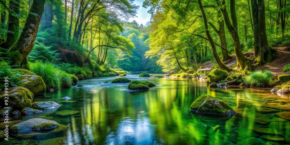 Obraz premium Serene Forest River with Sun Dappled Reflections, Lush Green Canopy, Tranquil Water , Forest River, Nature, Reflections, Tranquility