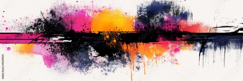 Fototapeta premium This captivating abstract artwork showcases vibrant and lively splashes of pink, orange, and blue set against a clean white background, making it an ideal choice for contemporary modern decor styles