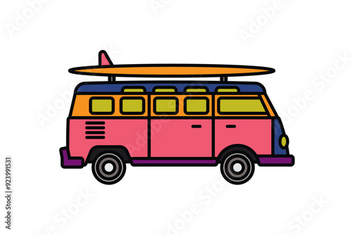 Original vector illustration. A van with a surfboard on the roof. A contour icon.