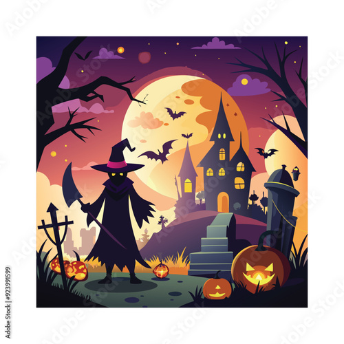 Halloween background with wizard silhouette vector illustration