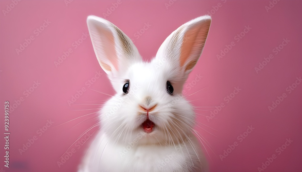 Portrait of a white cute rabbit with surprised expression on a pink background,surprised looking rabbit . Portrait of a white cute rabbit with surprised expression on a pink background,surprised looking rabbit .