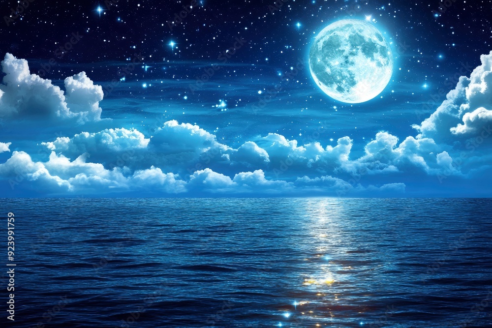 Fototapeta premium Romantic Moon With Clouds And Starry Sky Over Sparkling Blue Water , ai