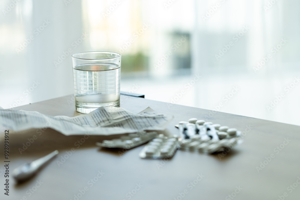 beautiful image of pills, medical prescription and medical thermometer on the table against the background of the window. Ideal for topics related to medicine, home treatment, disease epidemics beautiful image of pills, medical prescription and medical thermometer on the table against the background of the window. Ideal for topics related to medicine, home treatment, disease epidemics