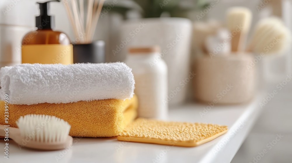A neat arrangement of bathroom accessories such as yellow and white towels, a brush, and containers placed on a counter, creating an organized bathroom scene. A neat arrangement of bathroom accessories such as yellow and white towels, a brush, and containers placed on a counter, creating an organized bathroom scene.