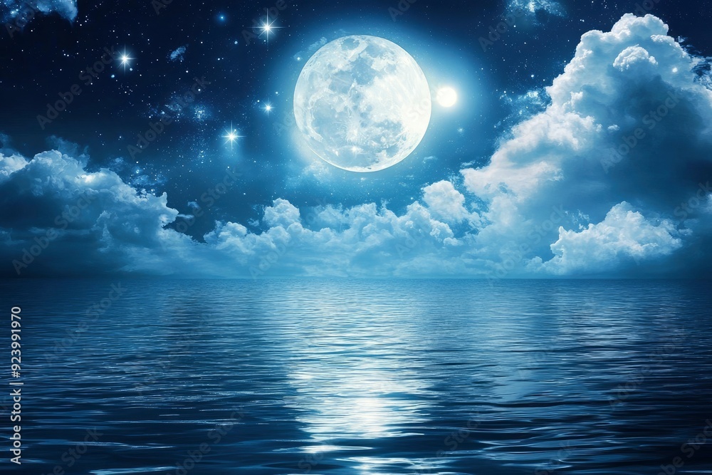 Romantic Moon With Clouds And Starry Sky Over Sparkling Blue Water , ai Romantic Moon With Clouds And Starry Sky Over Sparkling Blue Water , ai