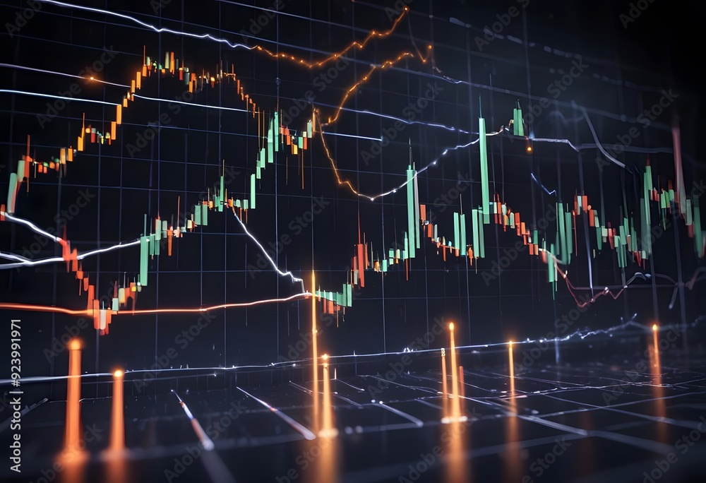 Fototapeta premium A stock market digital graph chart on LED display concept. showing candlestick patterns and price movements over time
