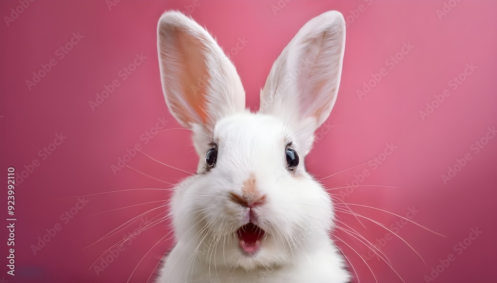 Portrait of a white cute rabbit with surprised expression on a pink background,surprised looking rabbit .