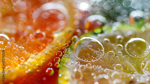 Citrus fruits are submerged in sparkling water, revealing vivid colors and bubbles in refreshing arrangement