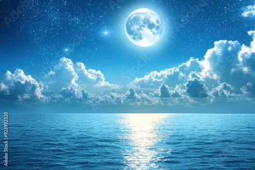 Romantic Moon With Clouds And Starry Sky Over Sparkling Blue Water, ai