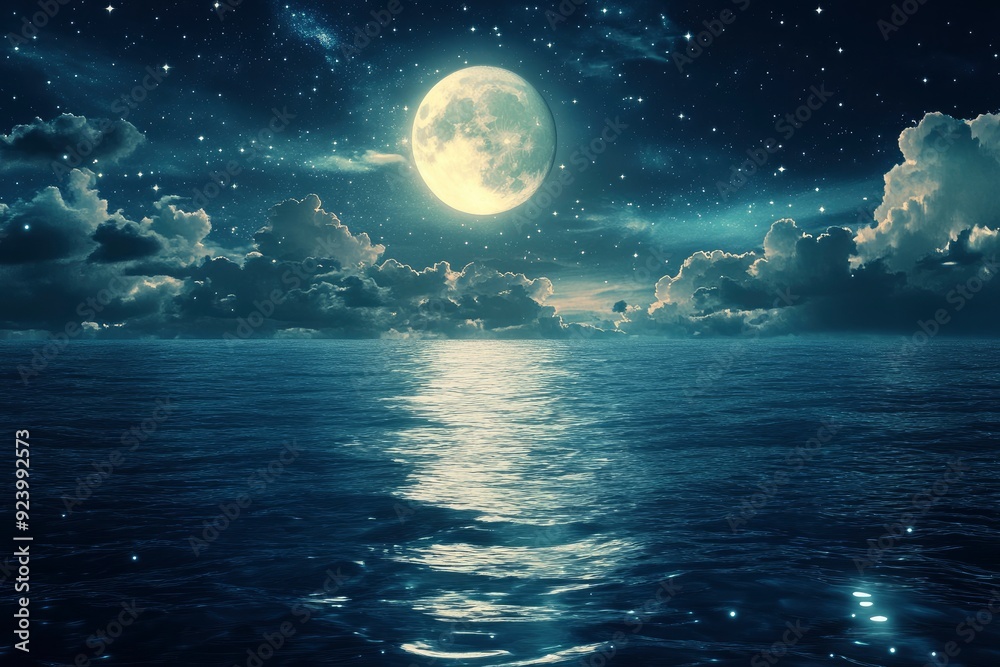 Fototapeta premium Romantic Moon With Clouds And Starry Sky Over Sparkling Blue Water, ai