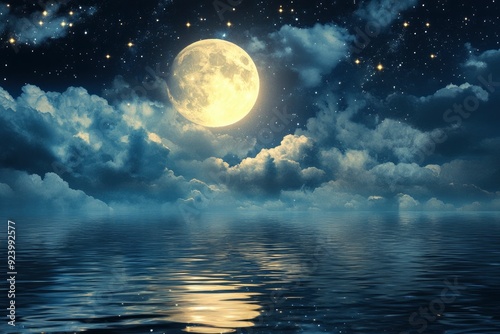 Romantic Moon With Clouds And Starry Sky Over Sparkling Blue Water, ai