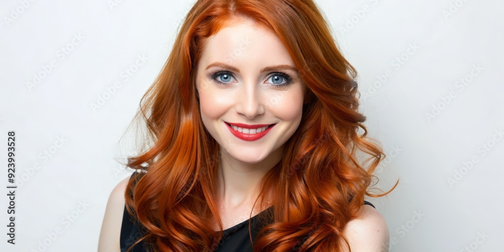 Obraz premium Smiling Woman with Long Red Hair, portrait, red hair, woman, beauty, smile