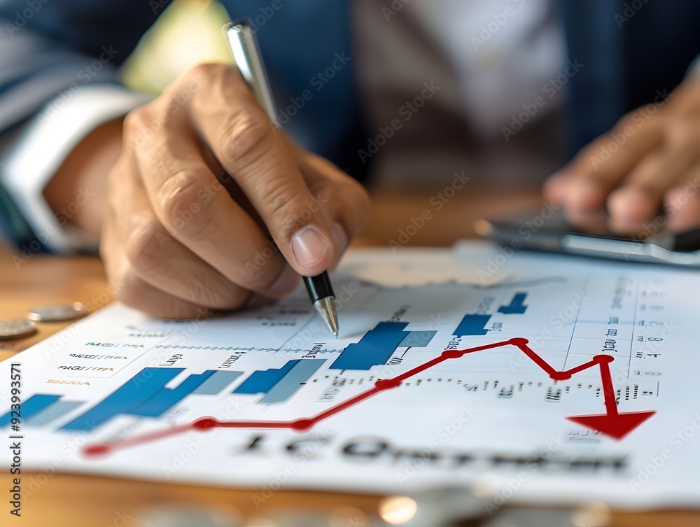 Businessperson Analyzing Financial Graph Showing Economic Recession and Expense Control Strategies Businessperson Analyzing Financial Graph Showing Economic Recession and Expense Control Strategies