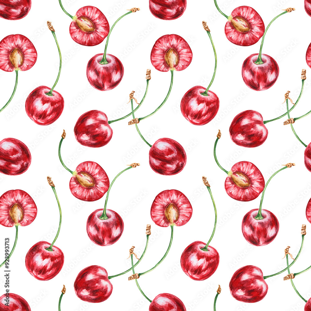 Half a red cherry seamless pattern. Juicy hand drawn watercolor background. Delicious food art, fresh botanical painting. Summer berry art for paper, packaging of farm goods, vegan products Half a red cherry seamless pattern. Juicy hand drawn watercolor background. Delicious food art, fresh botanical painting. Summer berry art for paper, packaging of farm goods, vegan products