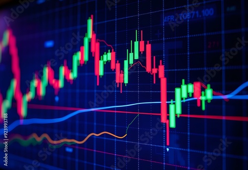 Market chart of business increase stock graph showing candlestick patterns and price movements against a dark background or investment financial data profit on growth money diagram 