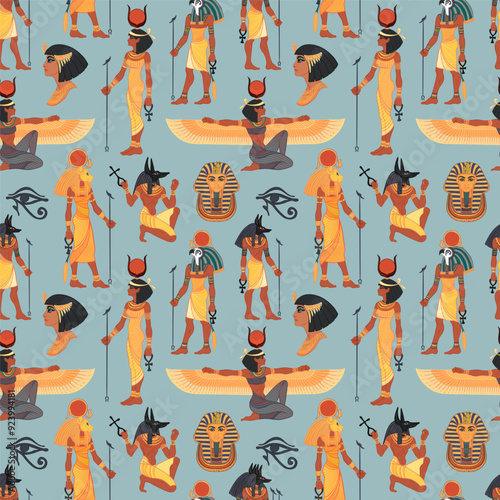 Ancient Egypt. Vintage seamless pattern with Egyptian gods and symbols. Retro hand drawn vector repeating illustration. Ra, Isis, Anubis, Sekhtmet, Cleopatra, pyramid.