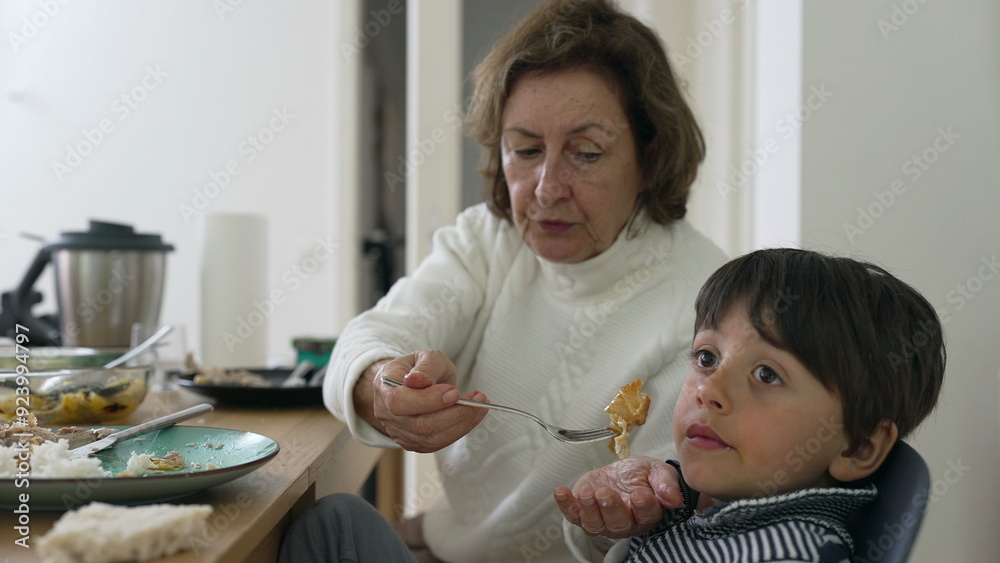 Grandmother feeding young boy a spoonful of food at the dining table, tender family moment, multi-generational care and love, homey atmosphere, child eating with grandparent assistance Grandmother feeding young boy a spoonful of food at the dining table, tender family moment, multi-generational care and love, homey atmosphere, child eating with grandparent assistance