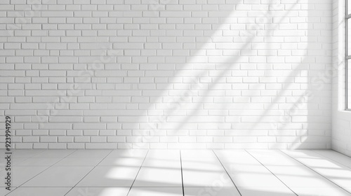 White brick wall and wooden floor with a shadow pattern from a window