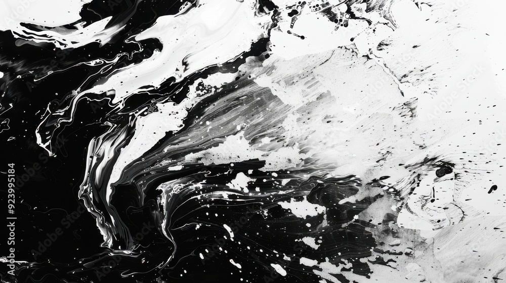 Monochromatic abstract with a chaotic mix of black and white shapes and splatters Monochromatic abstract with a chaotic mix of black and white shapes and splatters