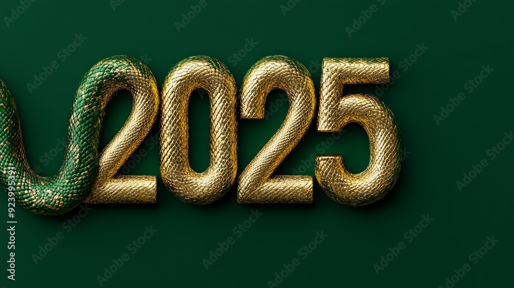 A luxurious and elegant New Years greeting card design featuring a minimalist gold snake on a deep green background with intricate details and a bold 2025 in metallic typography A luxurious and elegant New Years greeting card design featuring a minimalist gold snake on a deep green background with intricate details and a bold 2025 in metallic typography