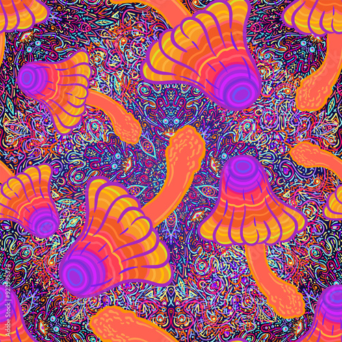 Magic mushrooms mandala seamless pattern. Psychedelic hallucination. Vibrant trippy vector illustration. 60s hippie colorful art. Hand drawn design in ethnic Indian style. Mystic abstract yoga mat