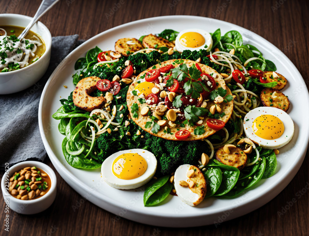 Deliciously Colorful Salad With Spinach, Cherry Tomatoes, Eggs, and Grilled Chicken Served on Wooden Table Deliciously Colorful Salad With Spinach, Cherry Tomatoes, Eggs, and Grilled Chicken Served on Wooden Table