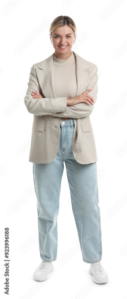 Beautiful woman in stylish jacket on white background Beautiful woman in stylish jacket on white background