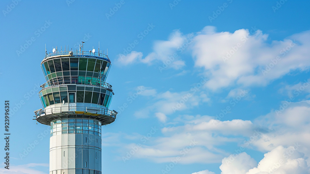 Close-up of the airport control tower against a blue sky, showing the tower's details and windows Close-up of the airport control tower against a blue sky, showing the tower's details and windows