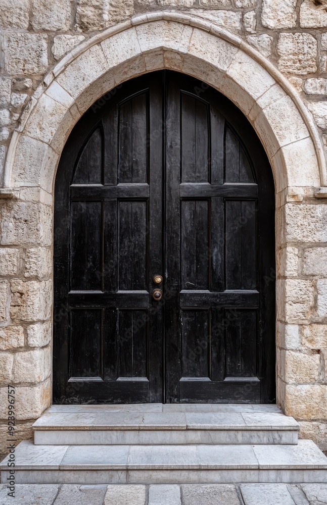 Black wooden double doors, with an arched top, set in an ancient stone wall Black wooden double doors, with an arched top, set in an ancient stone wall