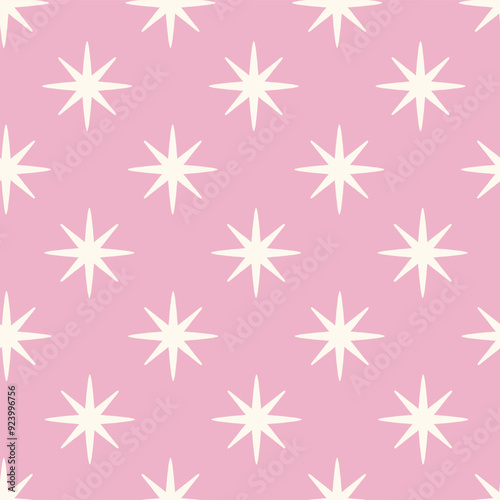 Seamless Vector Pattern White Eight Pointed Stars On Pink, Christmas design for wrapping paper