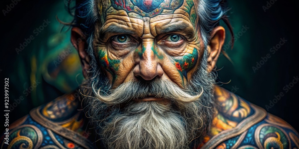 The Painted Man Portrait of a Tattooed Elder, Photorealistic Digital Art, Close-up Face, Tattooed Skin, Portrait, Tattoo, Man