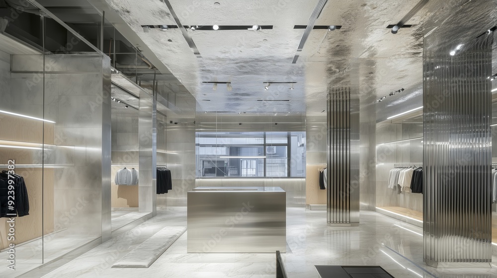 Modern clothing store interior showcasing minimalist design with metallic accents and natural light during the day Modern clothing store interior showcasing minimalist design with metallic accents and natural light during the day