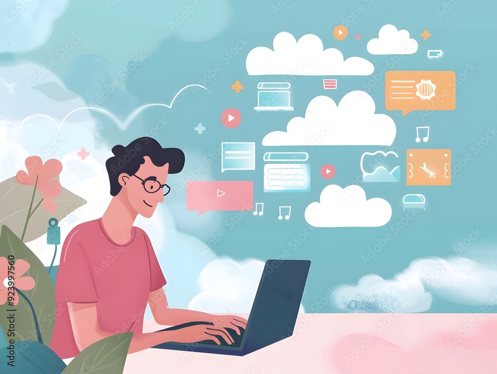Man Using Laptop with Digital Icons Representing SaaS Concept in Minimalist Pastel Man Using Laptop with Digital Icons Representing SaaS Concept in Minimalist Pastel