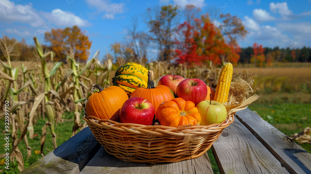 Decorative autumn harvest in a basket on a wooden table in the field Decorative autumn harvest in a basket on a wooden table in the field
