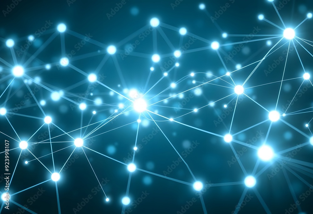 Glowing blue abstract network with interconnected nodes and lines against a dark background Glowing blue abstract network with interconnected nodes and lines against a dark background