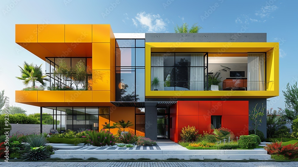 Contemporary exterior with a bold, colorful facade and clean, sleek ...