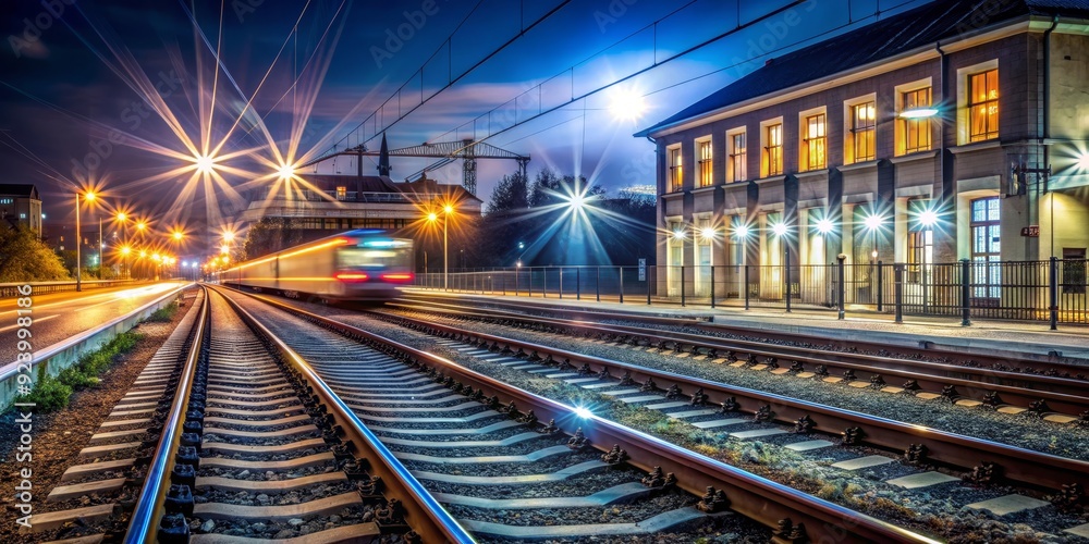 Fototapeta premium Train Station at Night - Long Exposure, Night Lights, Railway Track, Urban Landscape, train station, night photography, urban
