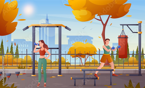 Autumn street workout park. Vector horizontal illustration of fall city public park with gym zone, sport equipment, people, boxer, woman. Outdoor sports area for training, fitness. Nature background