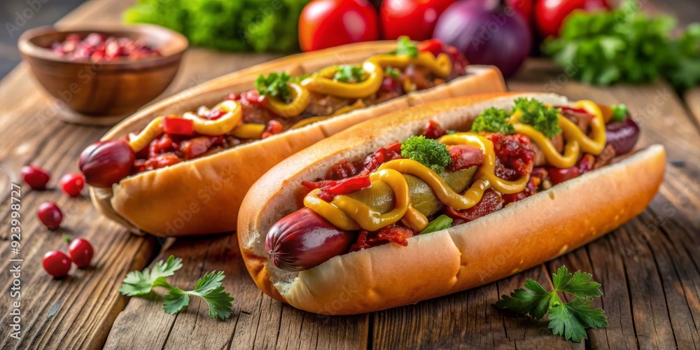 Two Delicious Hot Dogs with Mustard and Toppings on Rustic Wooden Background, food photography , hot dog , fast food , american cuisine Two Delicious Hot Dogs with Mustard and Toppings on Rustic Wooden Background, food photography , hot dog , fast food , american cuisine