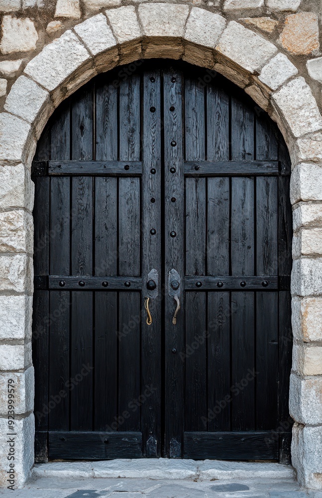 Black wooden double doors, with an arched top, set in an ancient stone wall Black wooden double doors, with an arched top, set in an ancient stone wall