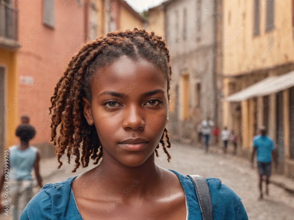 Young Woman With Twisted Hair Walking in Vibrant Street of Historic Town Young Woman With Twisted Hair Walking in Vibrant Street of Historic Town