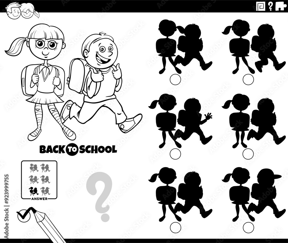 Naklejka premium shadow game with cartoon school children coloring page