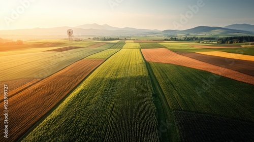 A vibrant patchwork of fields stretches across the horizon, with the setting sun casting warm hues over the landscape, creating a stunning visual tapestry of agriculture. photo