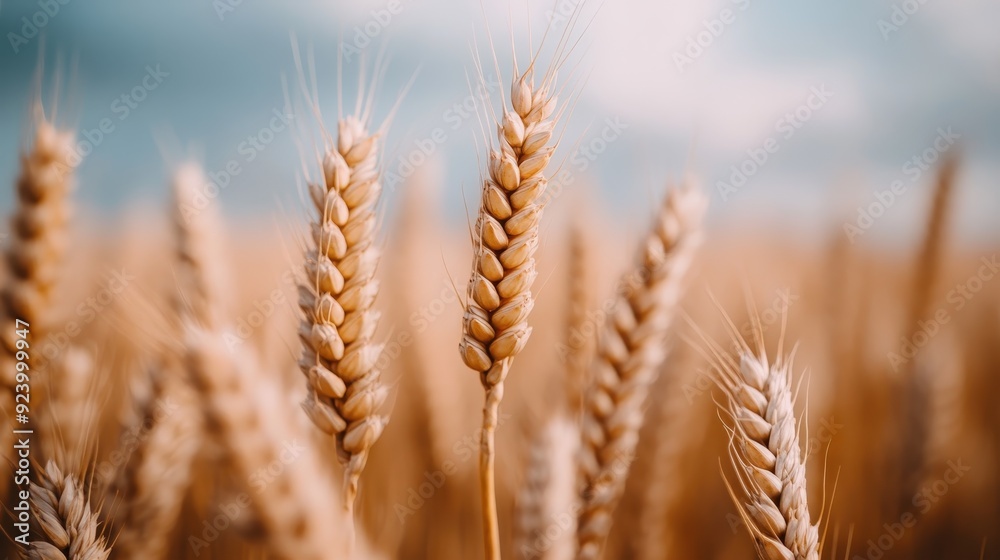 Close-up view of ripe wheat crops captures the essence of agricultural life and the beauty of nature, set under a clear sky, ready for the harvest. Close-up view of ripe wheat crops captures the essence of agricultural life and the beauty of nature, set under a clear sky, ready for the harvest.